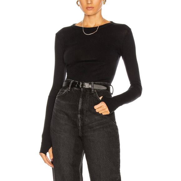 ENZA COSTA Cashmere Easy Cuffed Crew Top Medium Black Women Long Sleeve Tee NEW - Picture 1 of 16